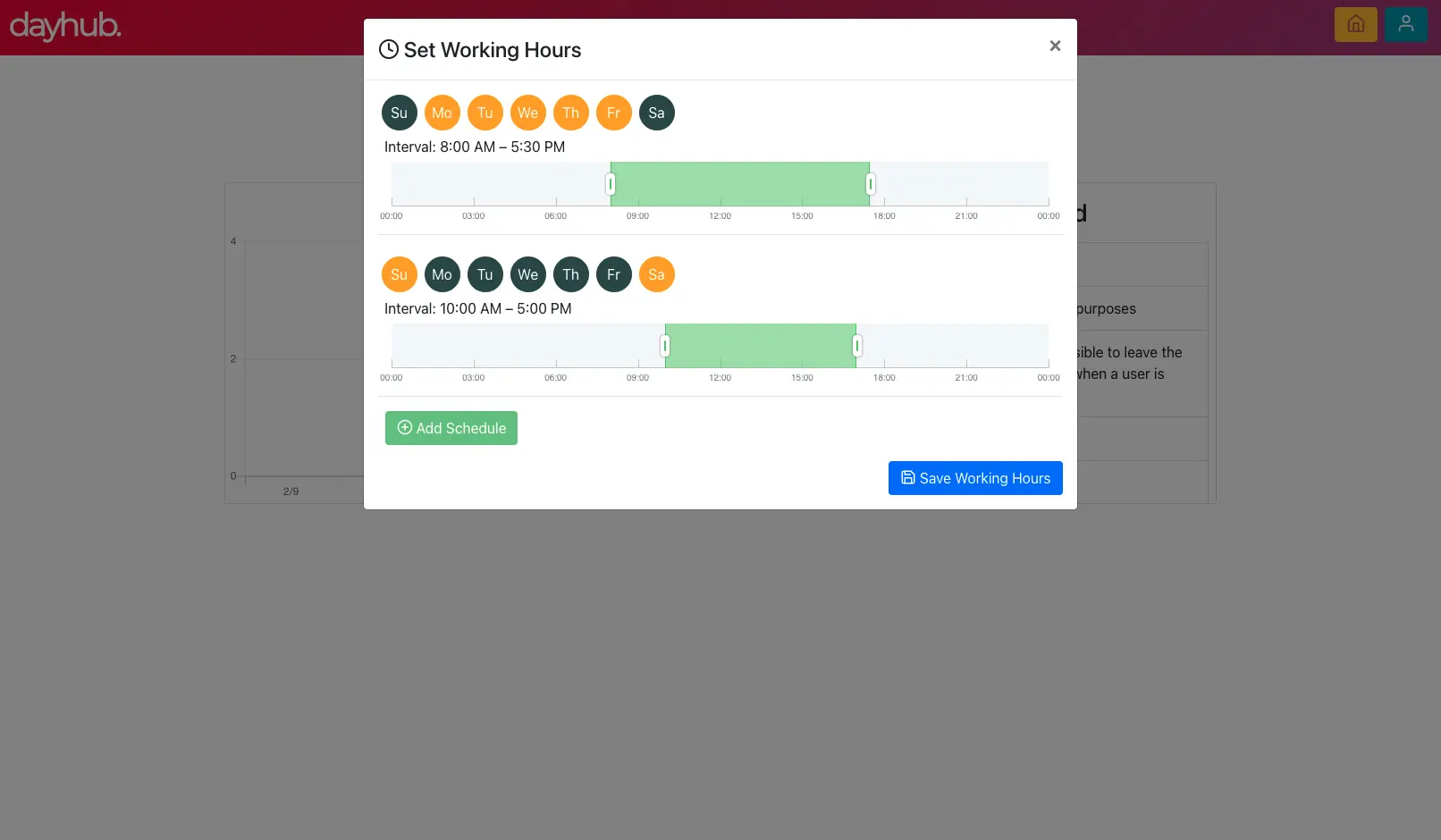Dayhub.co, a react-based web app and Chrome extension to manage tasks and block distracting websites durning working hours.