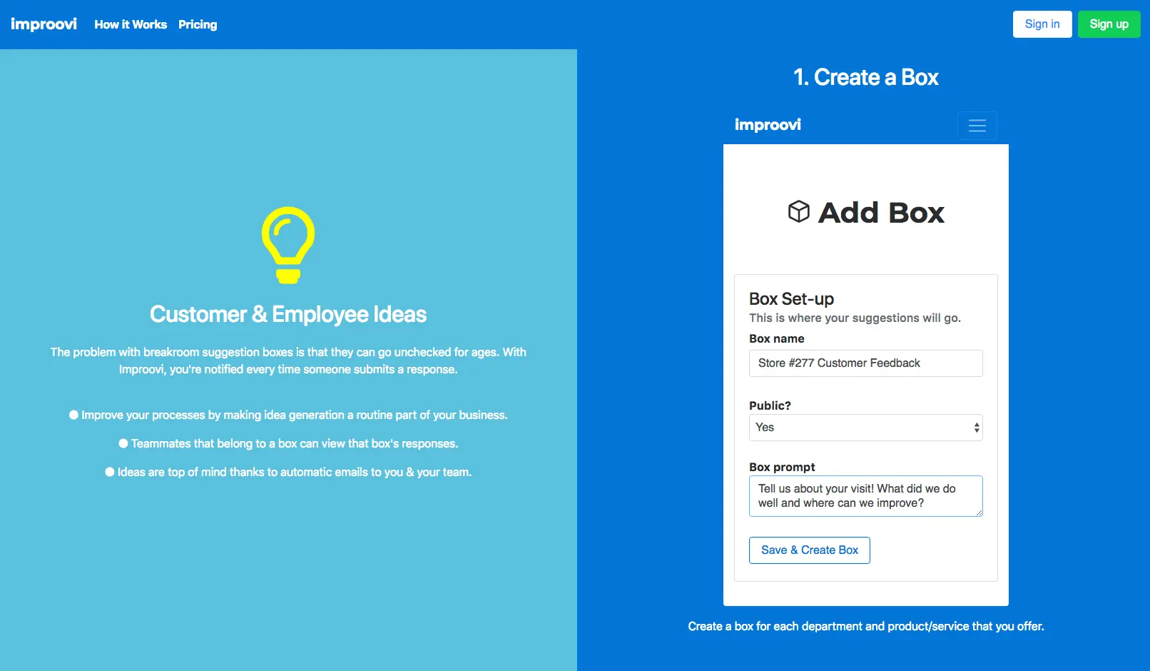 Improovi.com, an employee suggestion and customer feedback box.